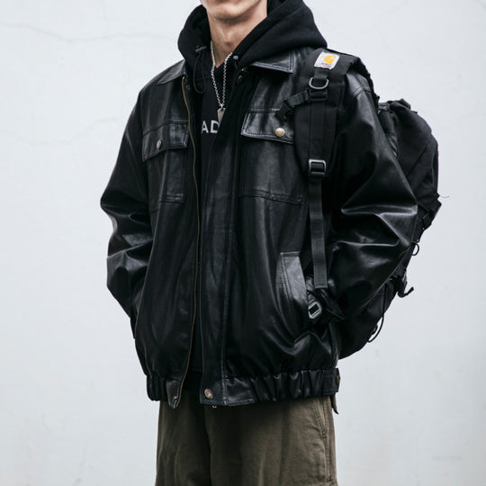 Herren Oversized Lederoptik-Utility-Jacke mit Pattentaschen und elastischem Saum Shop Nory