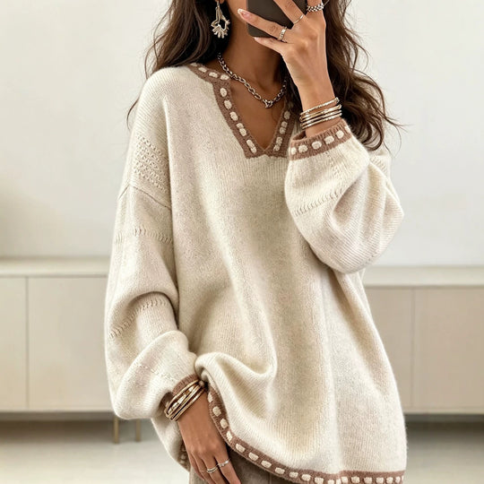 Damen Oversize V-Ausschnitt Strickpullover mit kontrastierender Punktbordüre und Ballonärmeln Shop Nory