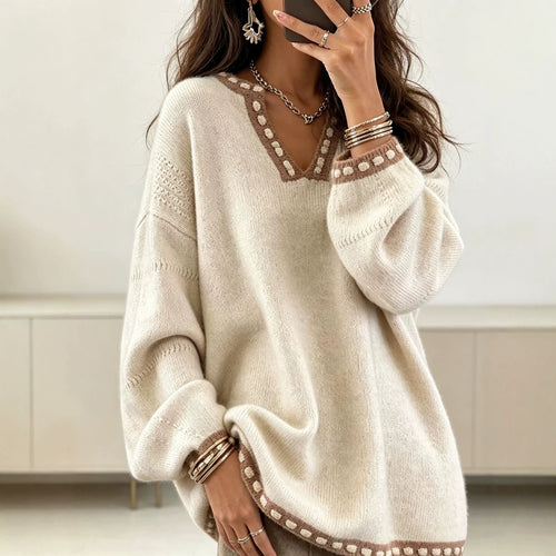 Damen Oversize V-Ausschnitt Strickpullover mit kontrastierender Punktbordüre und Ballonärmeln Shop Nory