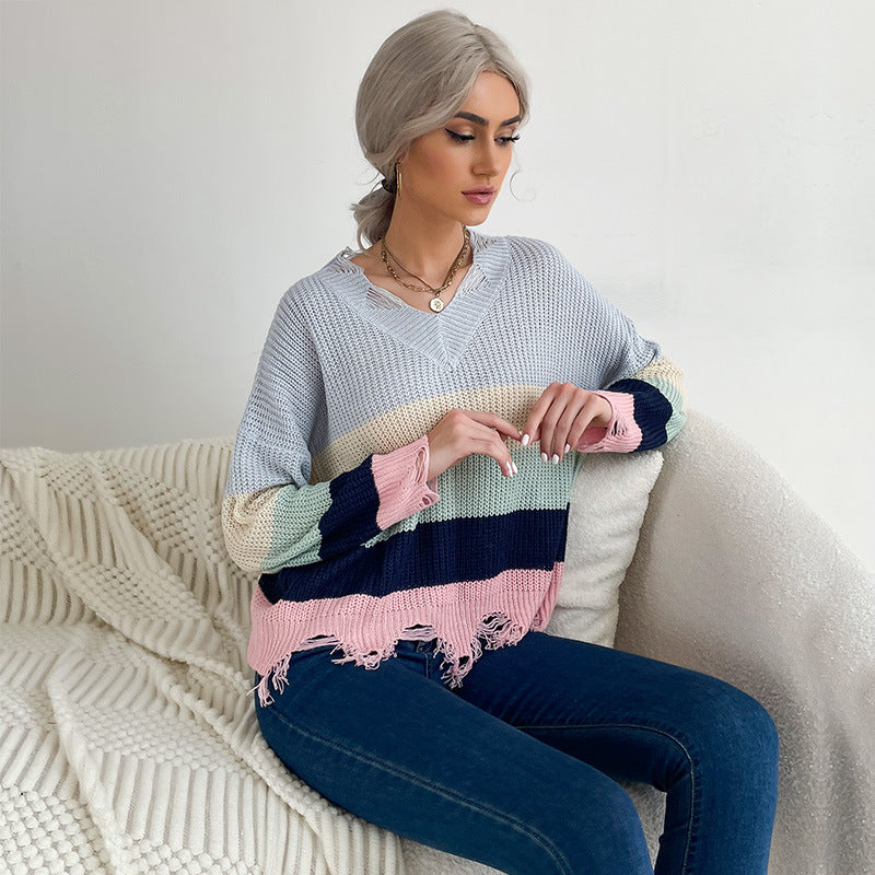 Damen Oversize V-Ausschnitt Strickpullover mit Streifendessin und ausgefranstem Saum Shop Nory