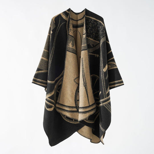 Damen Wollmix-Reversible Cape mit grafischem Jacquard und offenem Kimonofall Shop Nory