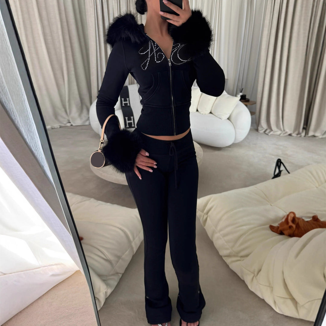 Damen nan kurze Kapuzenjacke mit Kunstfellbesatz und Strassverzierung Shop Nory