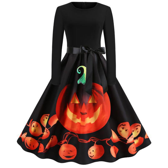 Damen Schwingendes Kleid mit Halloween-Kürbismotiv, Langarm und Taillenschleife Shop Nory