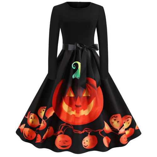 Damen Schwingendes Kleid mit Halloween-Kürbismotiv, Langarm und Taillenschleife Shop Nory