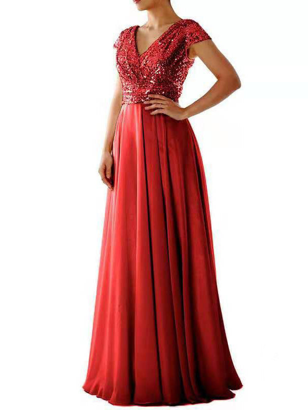 Damen Kleider V-Ausschnitt Paillette Chiffon Paneel Maxi Kleid