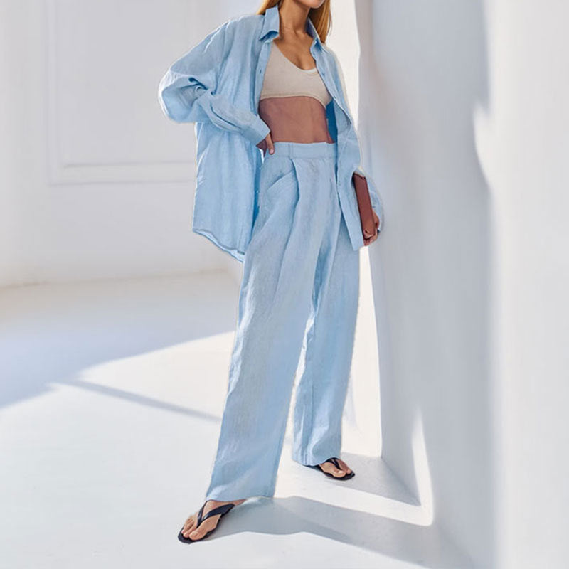Damen lässiges Leinen-Hemd- und Hosen-Set