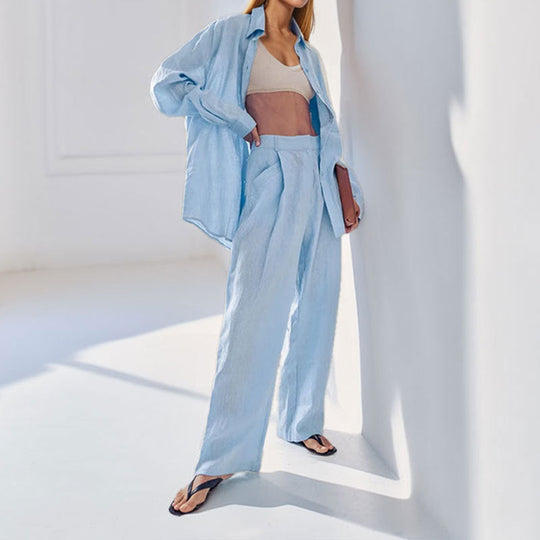 Damen lässiges Leinen-Hemd- und Hosen-Set