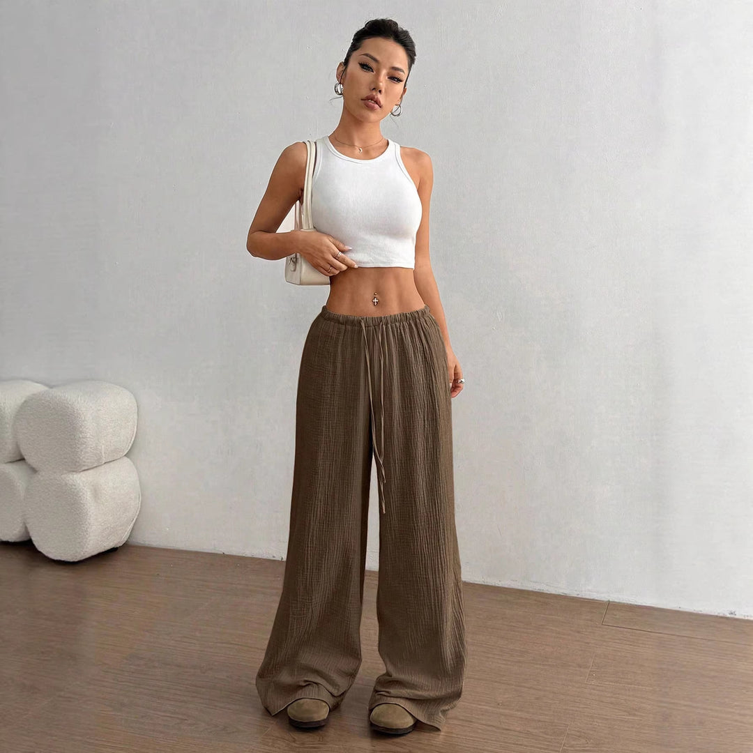 Damen Weite Baumwoll-Gauze-Hose mit hohem Bund, Gummizug und Kordelzug Shop Nory