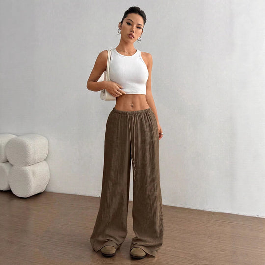 Damen Weite Baumwoll-Gauze-Hose mit hohem Bund, Gummizug und Kordelzug Shop Nory