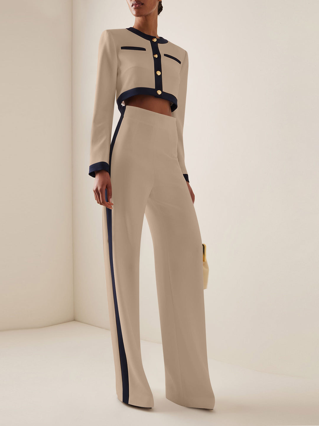 Damen Kurzgeschnittenes Cropped-Tailoring-Set mit Kontrastpaspel und High‑Waist Palazzo-Hose Shop Nory
