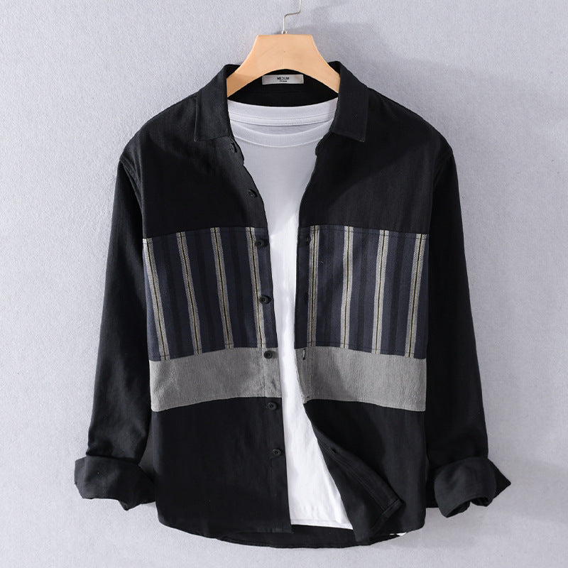 Herren Leichtes Baumwoll-Overshirt mit eingewebten Streifenpanelen und Kentkragen Shop Nory