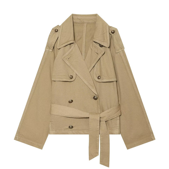 Damen Cropped Trench-Capejacke mit doppelreihiger Knopfleiste, Schulterpatten und Bindegürtel Shop Nory