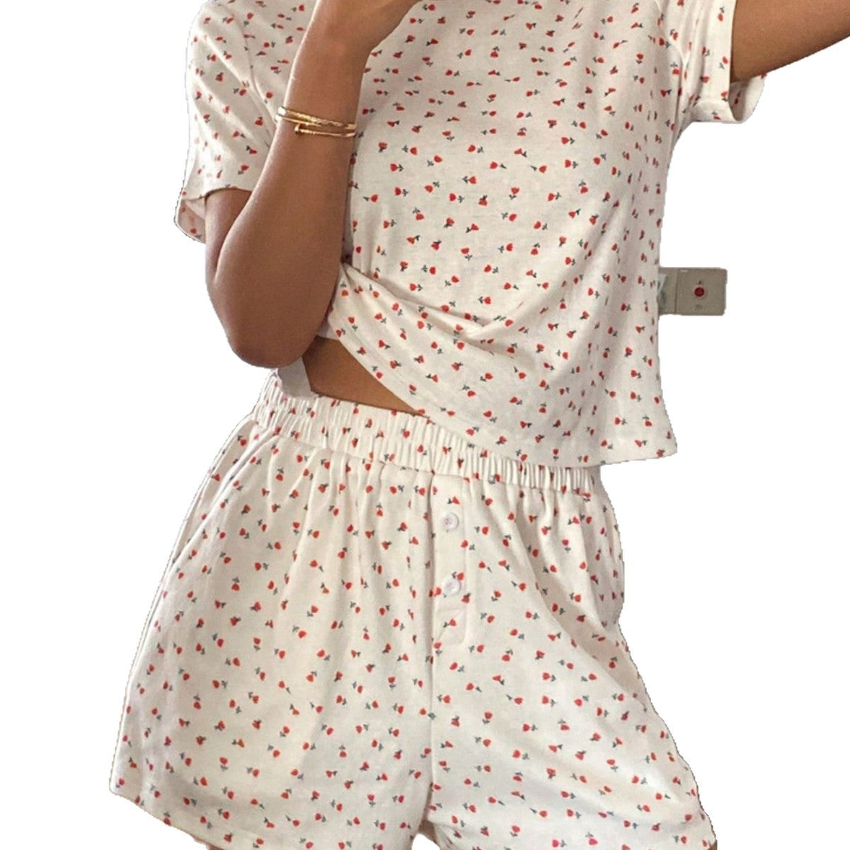 Damen lässiges Schlafanzugset aus atmungsaktivem Baumwollstoff mit zartem Blumendruck Shopnory