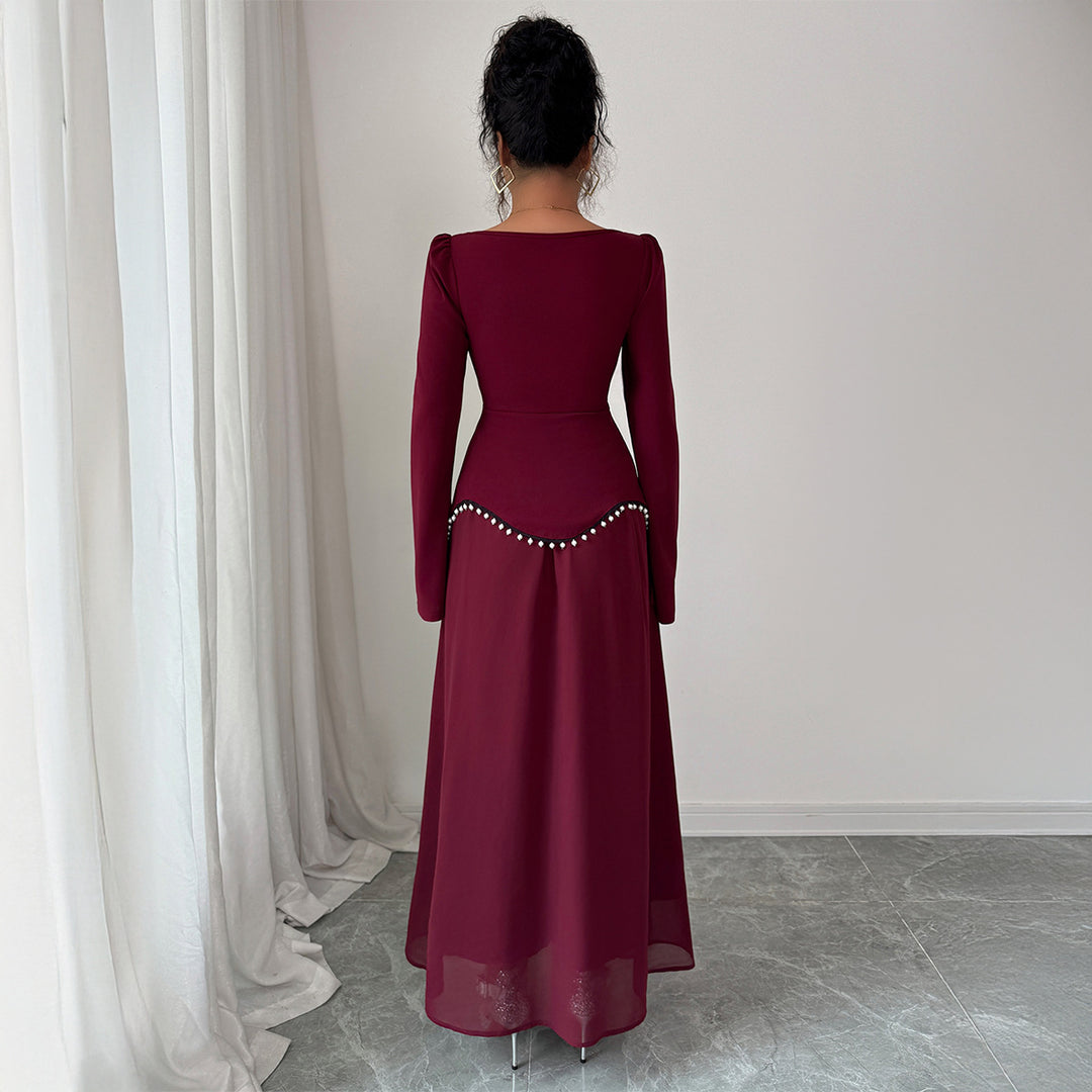 Damen nan elegantes Maxikleid mit quadratischem Ausschnitt, taillierter Schößchen-Passe und Perlenbordüre Shop Nory
