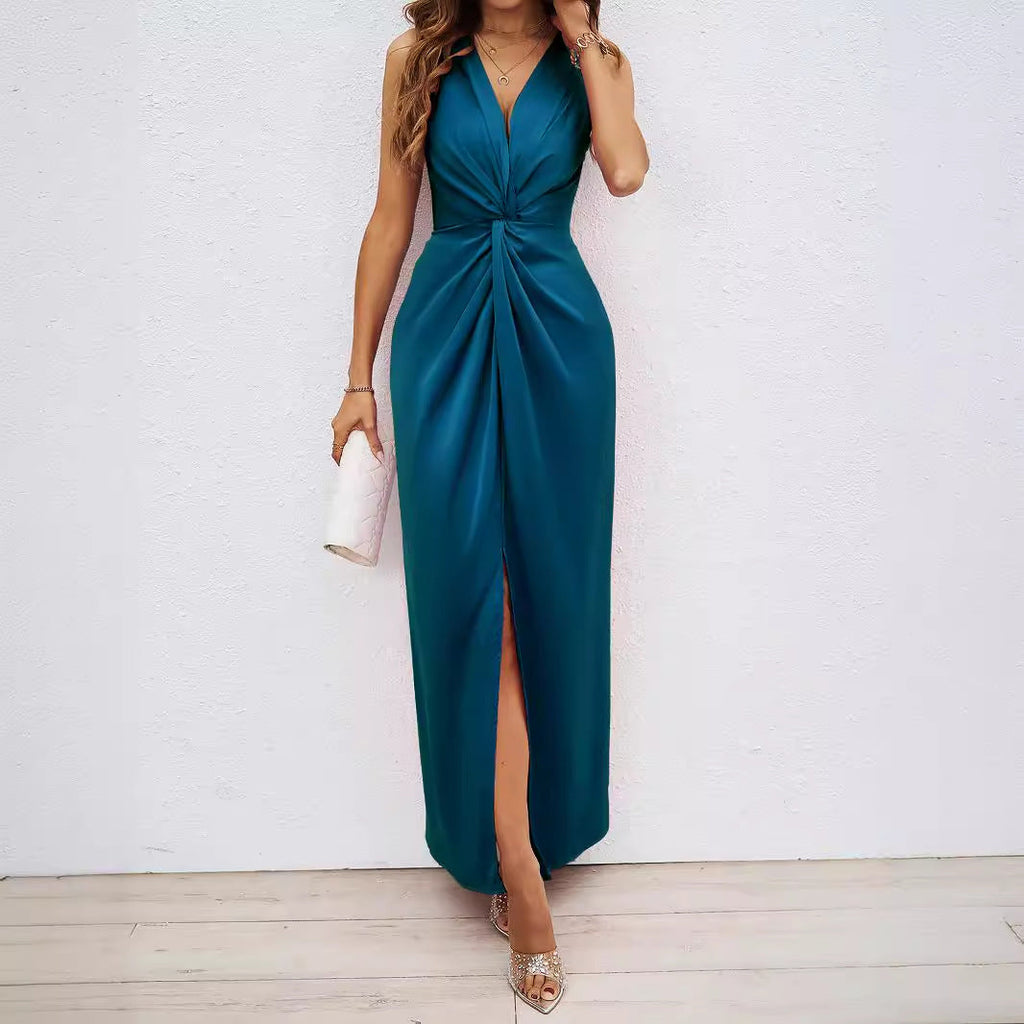 Damen Elegantes Maxikleid mit tiefem V-Ausschnitt und schwingendem Saum