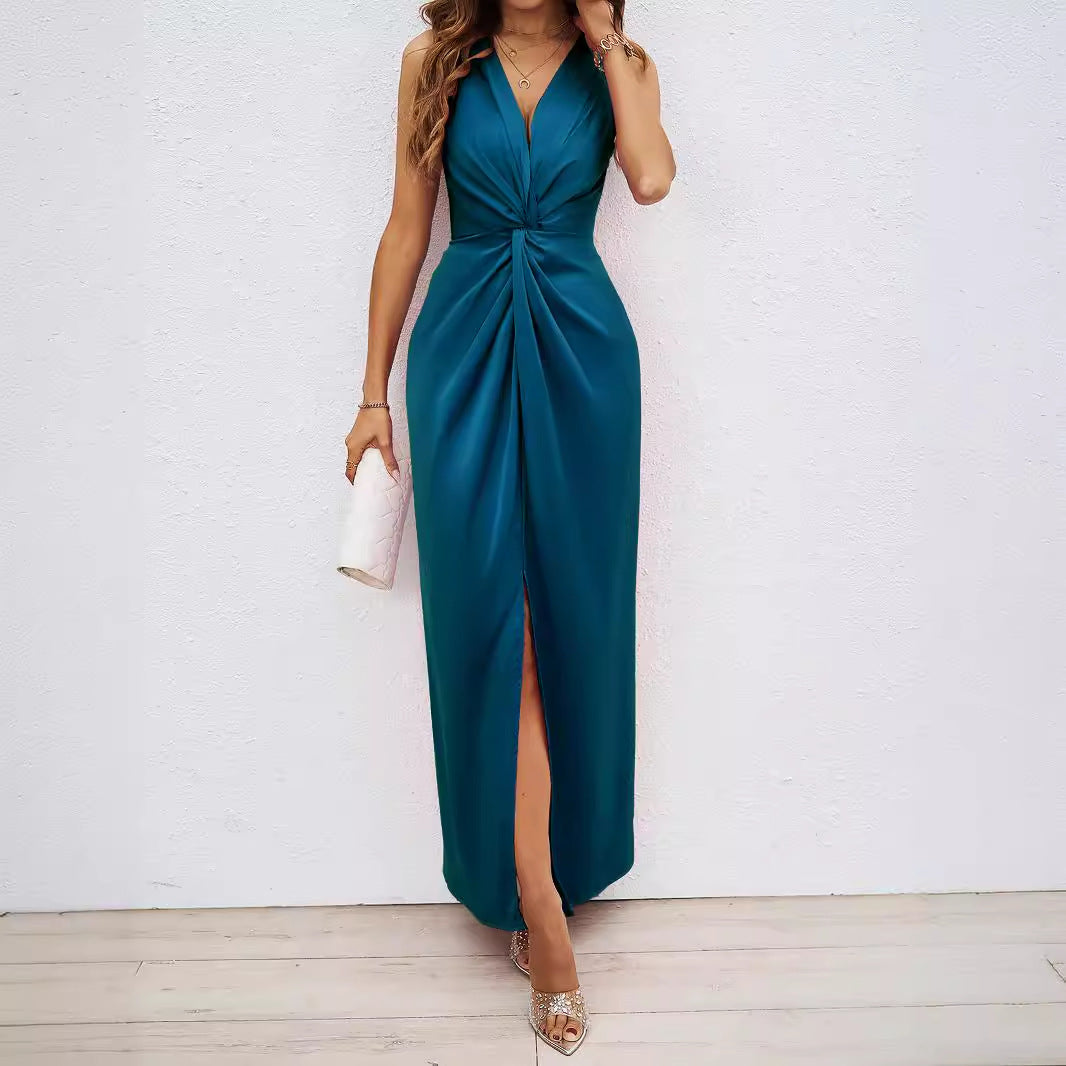 Damen Elegantes Maxikleid mit tiefem V-Ausschnitt und schwingendem Saum