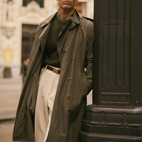 Herren Leichter knielanger Trenchcoat aus wasserabweisendem Baumwollmix mit offenem Schnitt Shop Nory