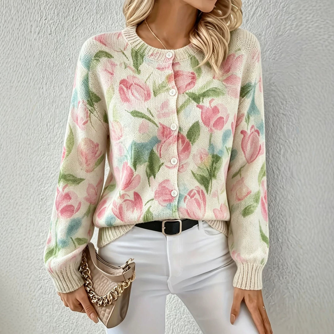 Damen Leichter Jacquard‑Strickcardigan mit Leo‑Print, Rundhalsausschnitt und Knopfleiste Shop Nory