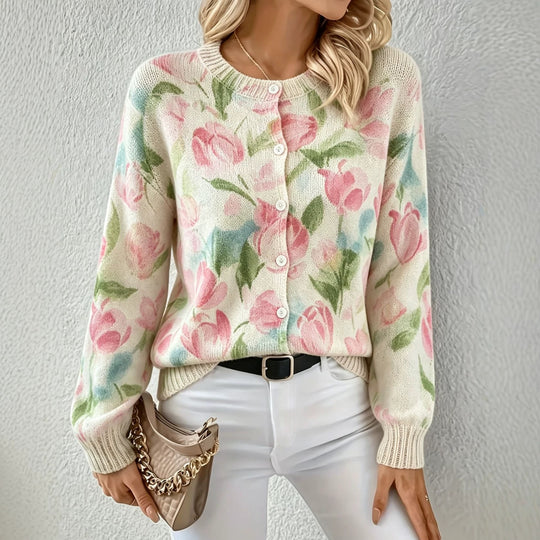 Damen Leichter Jacquard‑Strickcardigan mit Leo‑Print, Rundhalsausschnitt und Knopfleiste Shop Nory