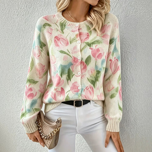 Damen Leichter Jacquard‑Strickcardigan mit Leo‑Print, Rundhalsausschnitt und Knopfleiste Shop Nory
