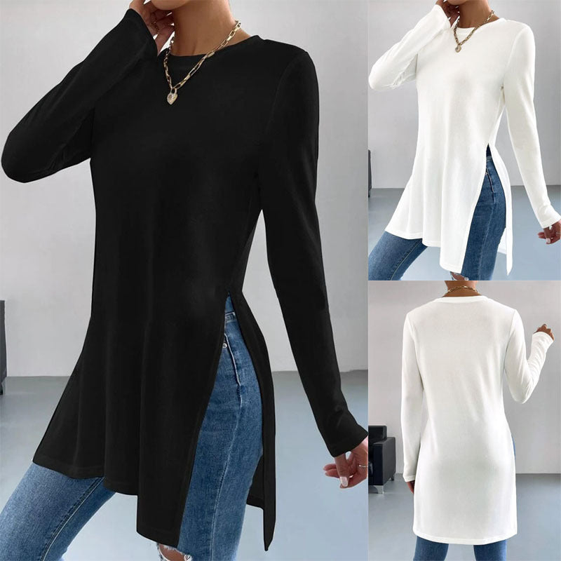 Damen Langes Feinstrick-Tunika-Shirt mit Seitenschlitzen und gerundetem Saum Shop Nory