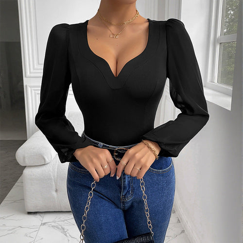 Damen Figurbetonter Body mit Herzausschnitt, Puffärmeln und transparenten Chiffon‑Ärmeln Shop Nory