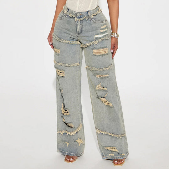 Damen Hochtaillierte Oversize-Jeans mit weitem Bein und ausgefransten Rissen Shop Nory