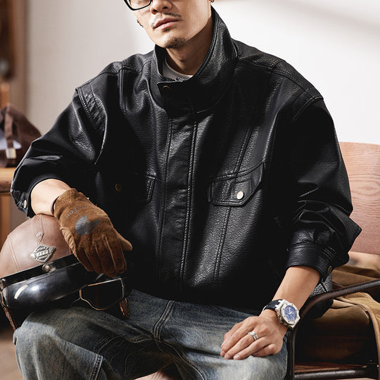 Herren Oversized Kunstlederjacke im Worker-Look mit Pattentaschen Shop Nory