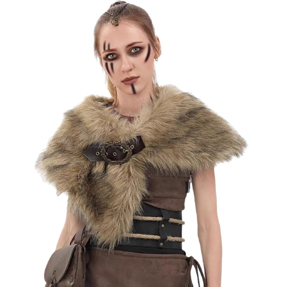 Damen Wikingerin inspiriertes Fantasy‑Kostüm mit Kunstpelz‑Schultercape, Taillengürtel und Ledertasche Shop Nory