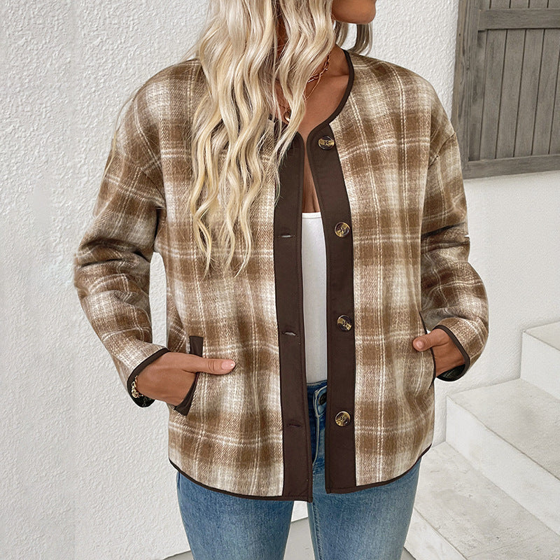 Damen Kariertes Übergangsjacke mit Rundhals, Kontrastbesatz und Knopfleiste Shop Nory