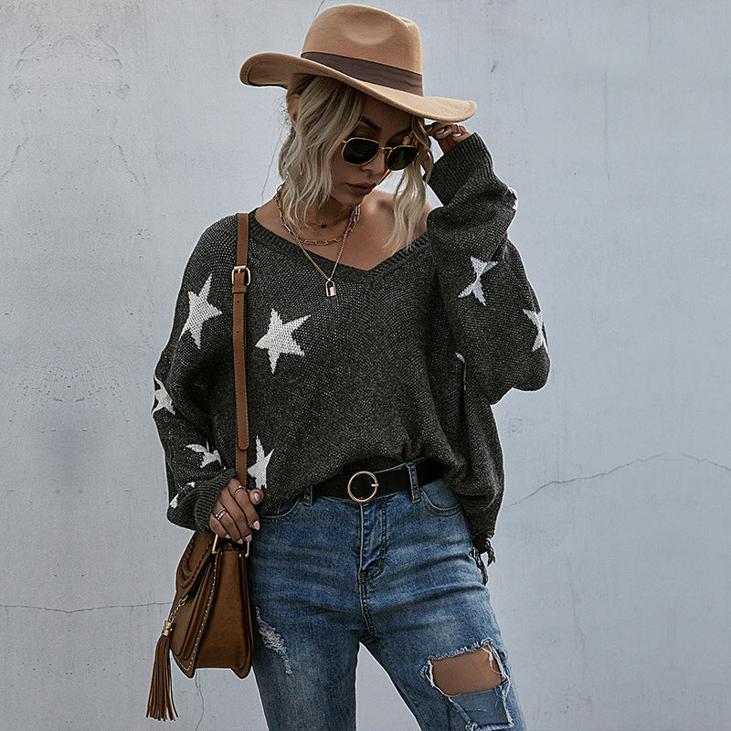 Damen Lässiger Oversized Pullover mit Sternen Shop Nory