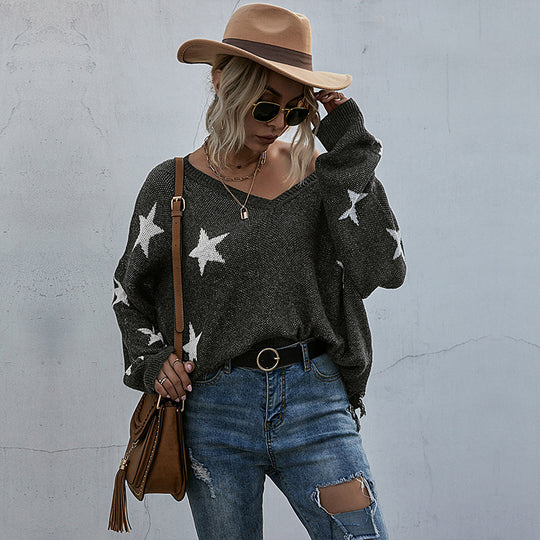 Damen Lässiger Oversized Pullover mit Sternen Shop Nory