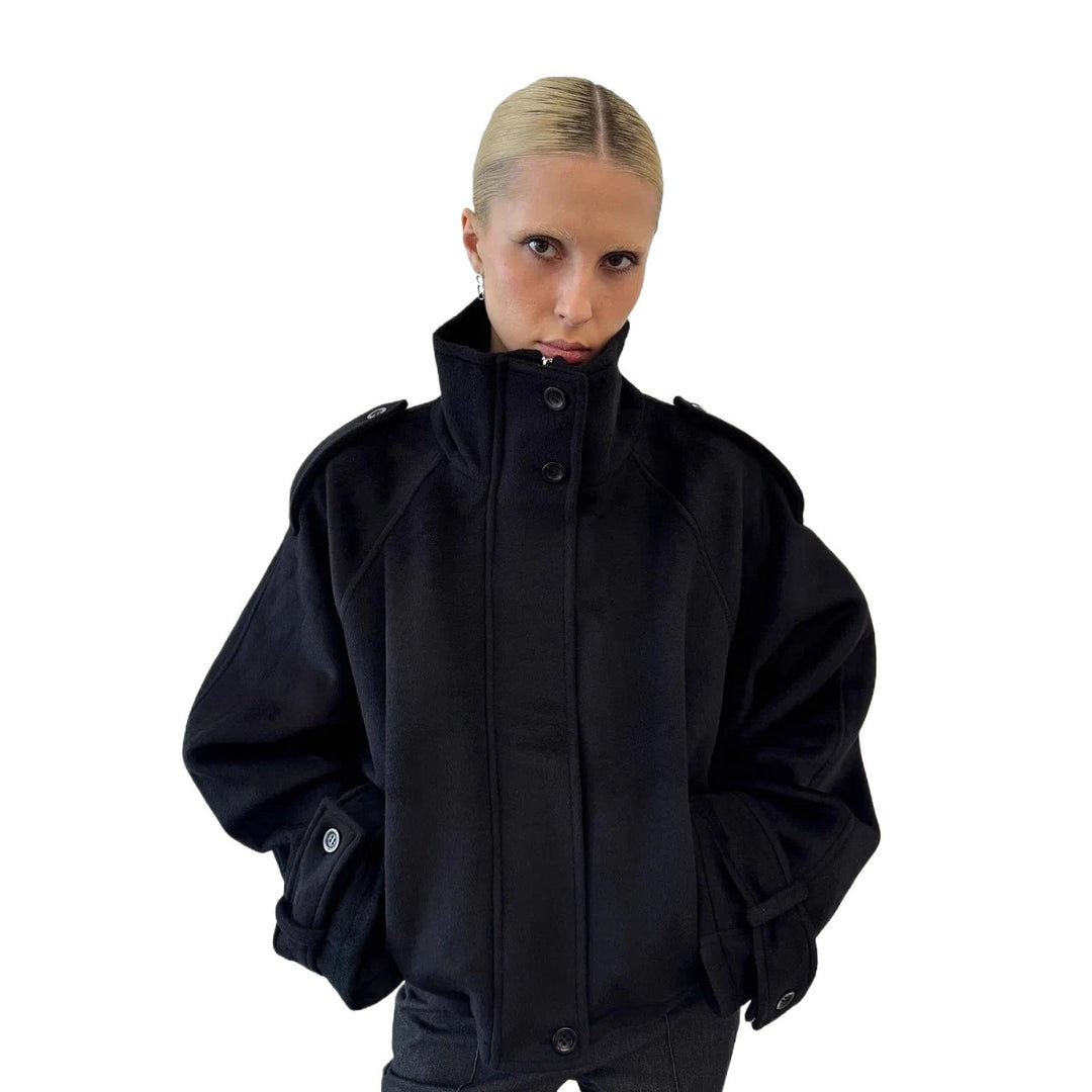 Damen Oversized Woll-Cropped-Jacke mit hohem Stehkragen und Ballonärmeln Shop Nory