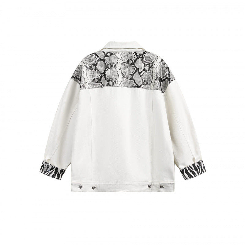 Damen Oversize-Jeansjacke im Patchwork-Tierprint mit Reverskragen und Pattentaschen Shop Nory