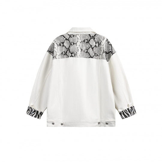 Damen Oversize-Jeansjacke im Patchwork-Tierprint mit Reverskragen und Pattentaschen Shop Nory