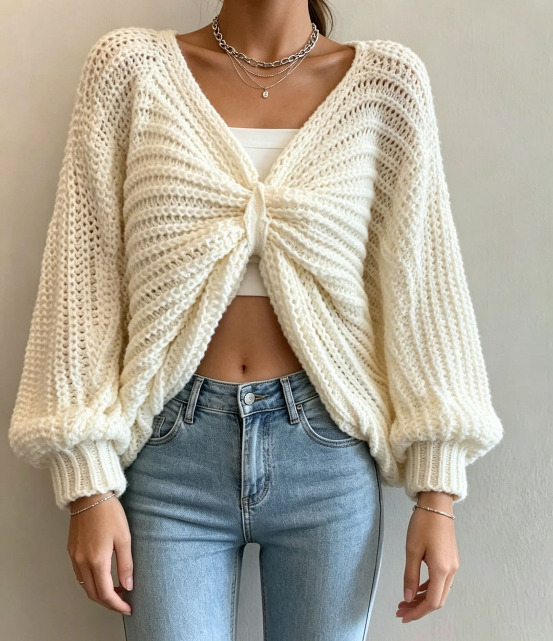 Damen Cropped Strickcardigan mit Knotendetail und Ballonärmeln Shop Nory