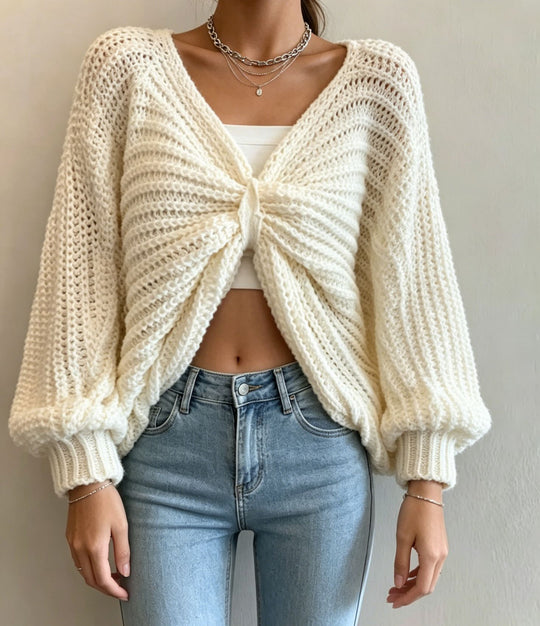 Damen Cropped Strickcardigan mit Knotendetail und Ballonärmeln Shop Nory