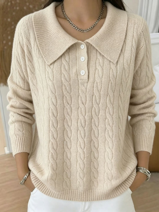 Damen Kabelstrick-Polo-Pullover mit großem Umlegekragen und lockerer Silhouette Shop Nory