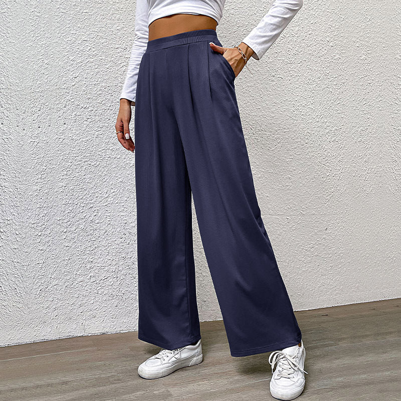 Damen hochtaillierte weite Hose mit Vorderfalten, elastischem Bund und Seitentaschen Shop Nory