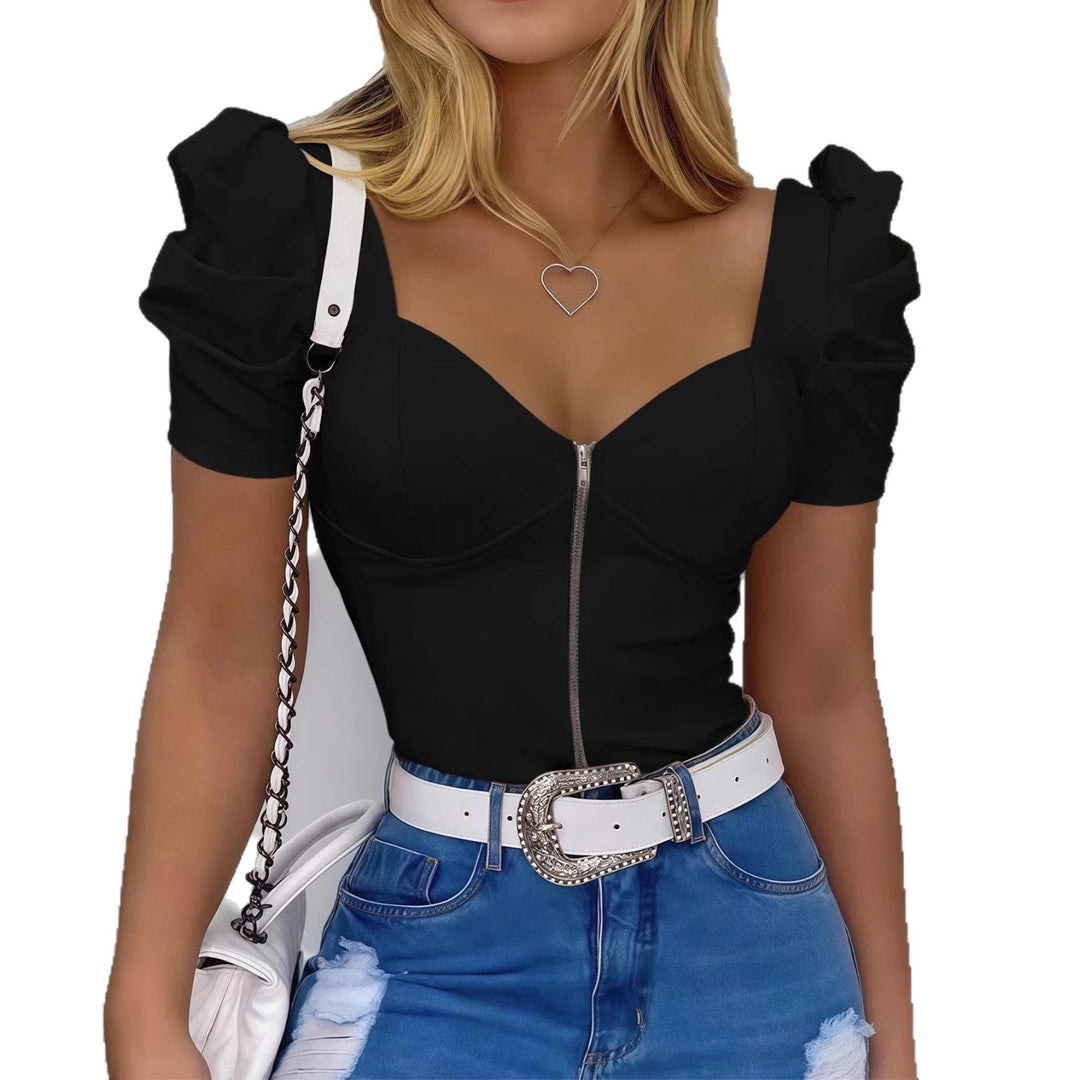 Damen Figurbetontes Corsagen-Top mit herzförmigem Ausschnitt, Puffärmeln und Frontreißverschluss Shop Nory