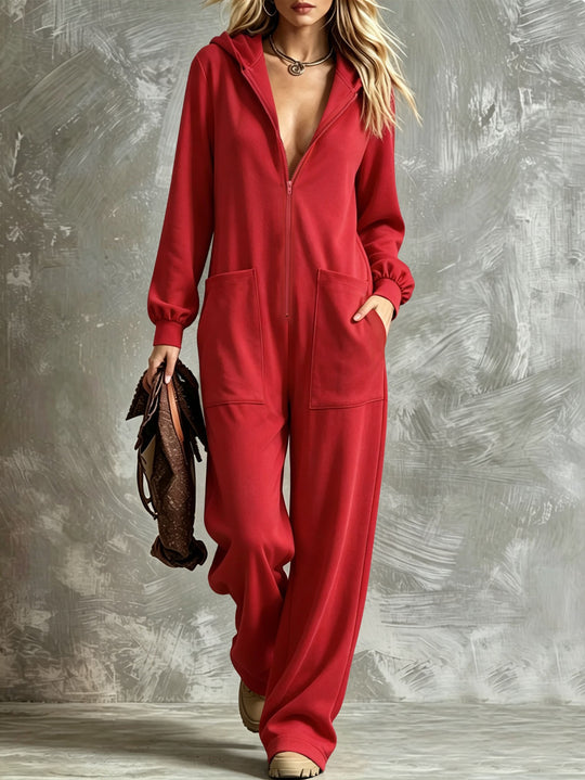 Damen Zip‑Hoodie‑Jumpsuit mit Kapuze, Kängurutaschen und weitem Bein Shop Nory