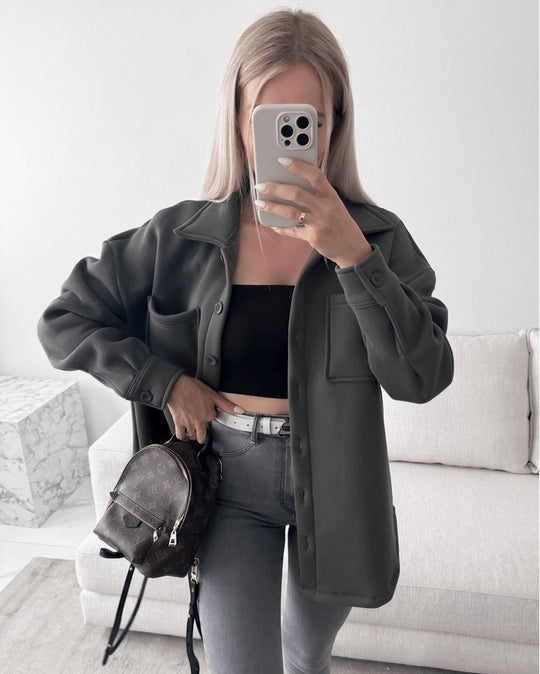 Damen Oversized Hemdjacke Shacket aus weichem Wollmix mit aufgesetzten Brusttaschen Shop Nory