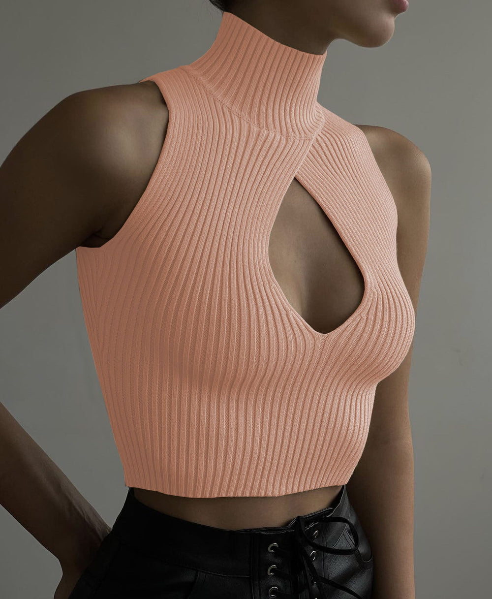 Damen Crop-Top mit hohem Kragen und tiefem Ausschnitt