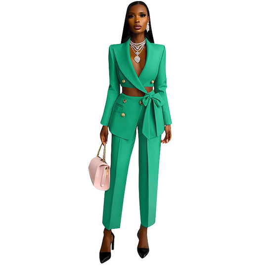 Damen Taillierter Crop-Blazer mit Zierschleife, Doppelreiher und Hochtaillierter Hose Shop Nory