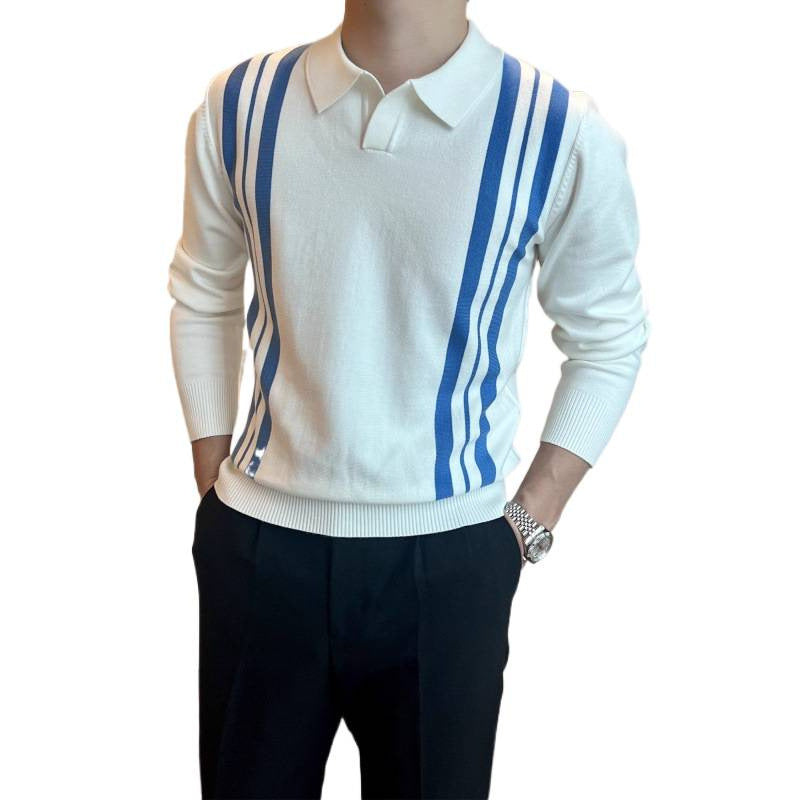 Herren Polokragen-Strickpullover mit markanten Längsstreifen und schmaler Passform Shop Nory