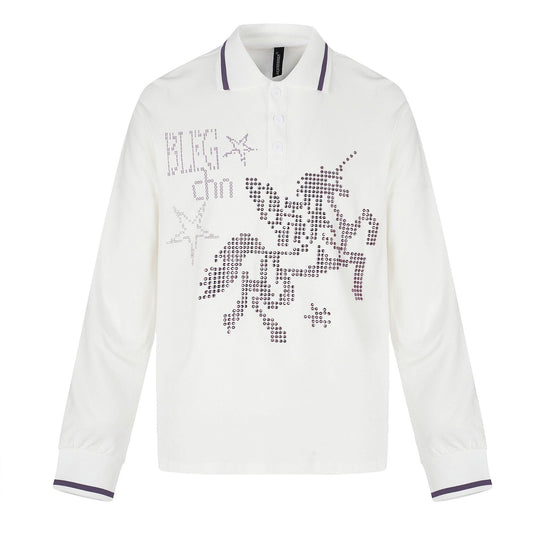 Damen Langarm-Poloshirt mit Strass-Applikation und kontrastierenden Bündchen Shop Nory