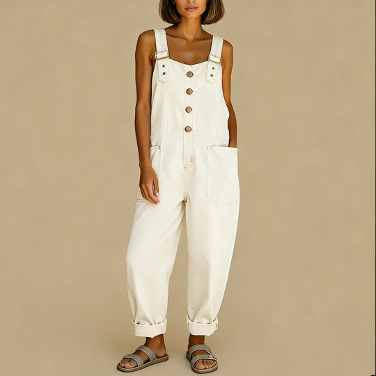 Damen Weite Denim-Latzhose mit Knopfleiste, verstellbaren Trägern und aufgesetzten Taschen Shop Nory