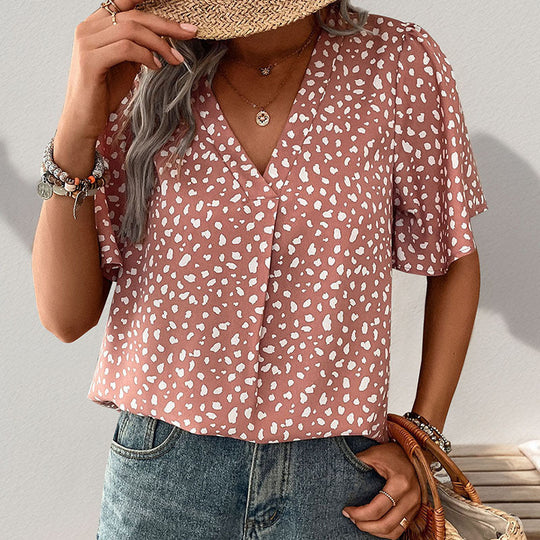 Damen V-Ausschnitt T-Shirt mit Leopardenmuster und fließendem Schnitt