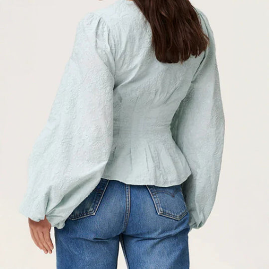 Damen Jacquard-Spitzenbluse mit tailliertem Schößchen und Ballonärmeln Shop Nory