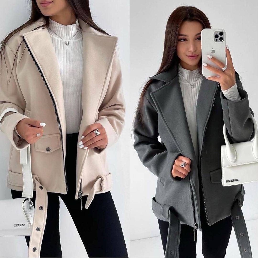 Damen nan kurz geschnittener Wolloptik-Mantel mit verdecktem Reißverschluss, Taillengürtel und aufgesetzten Taschen Shop Nory